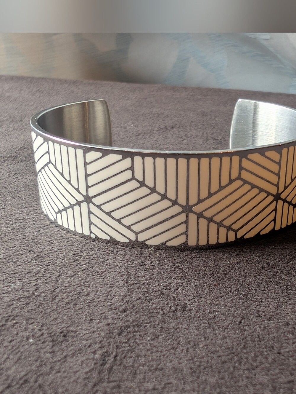 Rustic Cuff "Becca" Silver & White Geometric Enamel Cuff Bracelet